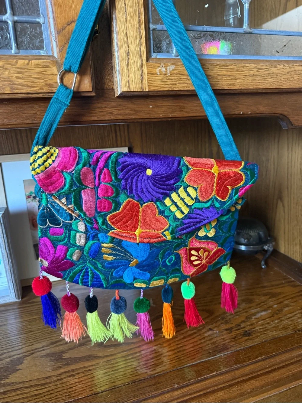 Colorful Floral Embroidered Crossbody Bag - Teal Strap